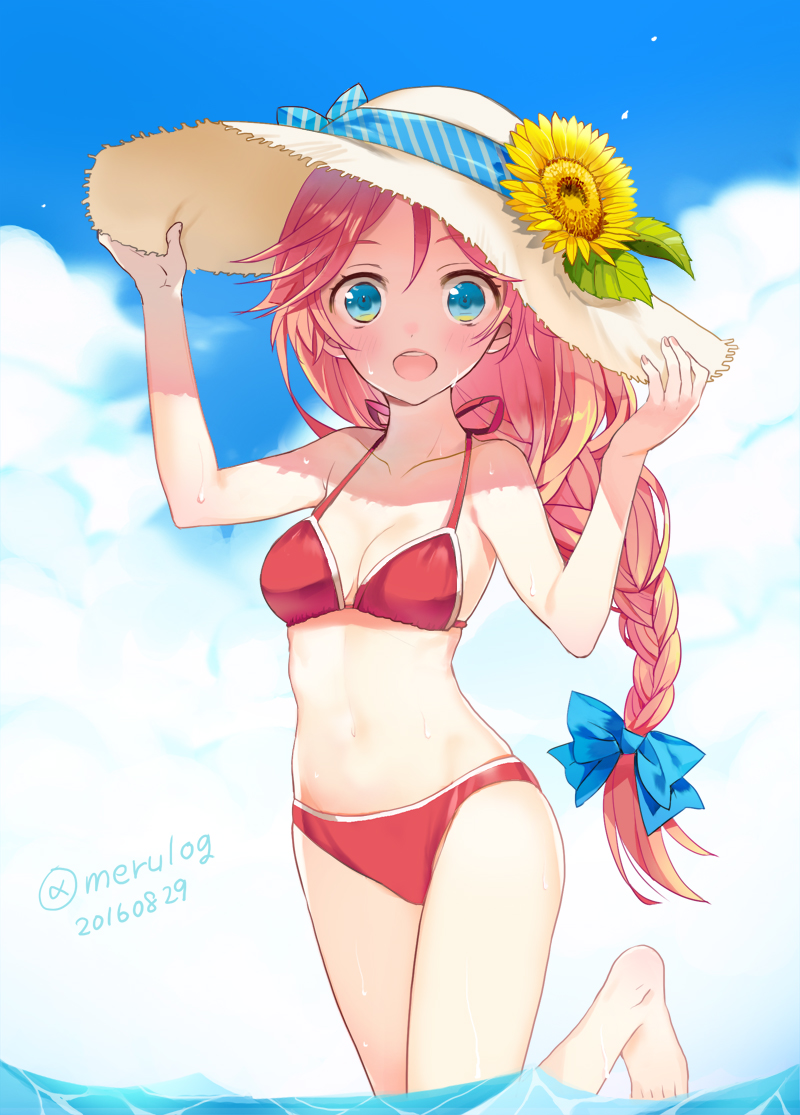 10s, 1girl, :d, barefoot, bikini, blue_eyes, blush, bow, braid, breasts, cloud, collarbone, day, female_focus, flower, hai_to_gensou_no_grimgar, hair_bow, hands_on_headwear, hat, hat_flower, hat_ribbon, leg_up, long_hair, looking_at_viewer, low-tied_long_hair, merueto, navel, open_mouth, outdoors, pink_hair, red_bikini, ribbon, single_braid, sky, smile, solo, straw_hat, swimsuit, very_long_hair, water, wet, yume_(grimgar)