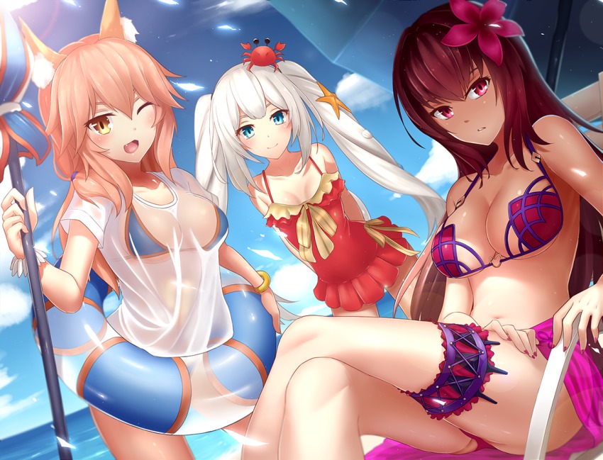 3girls, animal_ears, bikini, blue_bikini, blue_eyes, breasts, bu_li, cleavage
