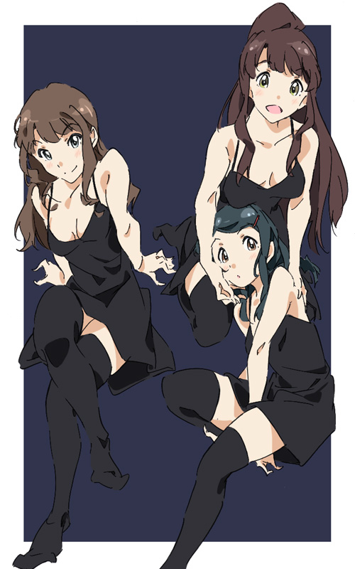 10s, 3girls, arm_support, bare_shoulders, blue_hair, breasts, brown_hair, cleavage