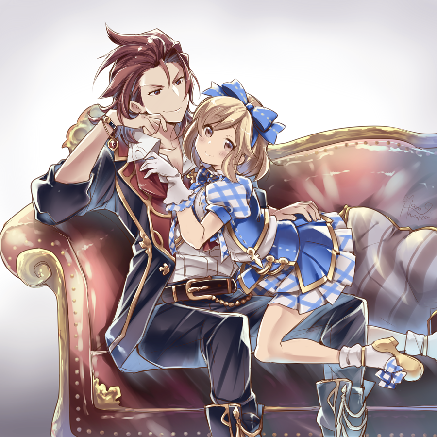 10s, 1boy, 1girl, alternate_costume, artist_name, blonde_hair, blue_bow, blush, boots, bow, breasts, brown_eyes, commentary_request, couch, djeeta_(granblue_fantasy), gloves, granblue_fantasy, hair_bow, hair_ribbon, hairband, hano_haruka, head_rest, head_tilt, hetero, kimi_to_boku_no_mirai, knee_boots, looking_at_viewer, percival_(granblue_fantasy), percival_(the_dragon_knights)_(granblue_fantasy), plaid_bow, plaid_ribbon, puffy_short_sleeves, puffy_sleeves, red_eyes, red_hair, ribbon, shoes, short_hair, short_sleeves, signature, sitting, skirt, smile, superstar_(granblue_fantasy), watch, yellow_shoes
