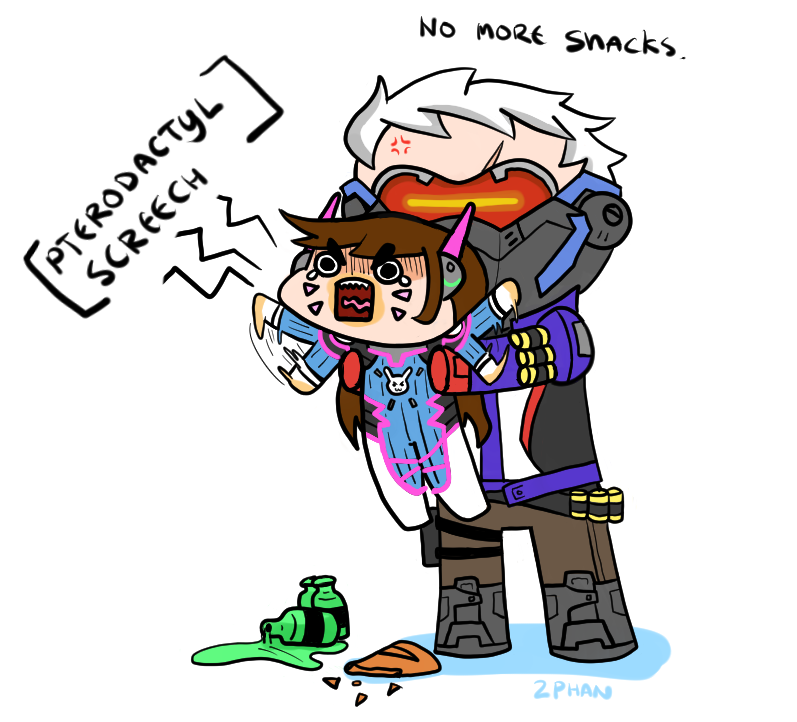 1boy, 1girl, 2phan, anger_vein, angry, armor, artist_name, bodysuit, bottle, brown_hair, chibi, chips_(food), classic_d.va, d.va_(gremlin), d.va_(overwatch), facial_mark, food, food_on_face, headphones, held_up, lifting_person, mask, overwatch, overwatch_1, scar, shouting, soda_bottle, soldier:_76_(overwatch), spill, tantrum, visor, waving_arms, whisker_markings, white_background, white_hair