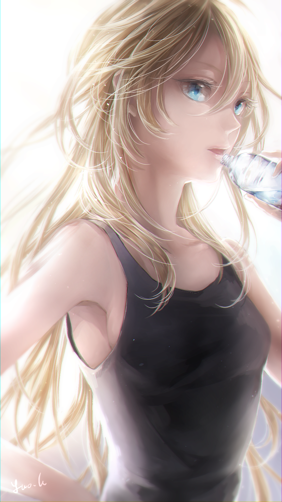 10s, 1girl, black_shirt, blonde_hair, bottle, breasts, female_focus, hair_between_eyes, hand_on_own_hip, highres, holding, long_hair, nemumi_no_sora, new_game!, open_mouth, shirt, signature, sleeveless, sleeveless_shirt, small_breasts, solo, tank_top, upper_body, very_long_hair, water_bottle, yagami_kou