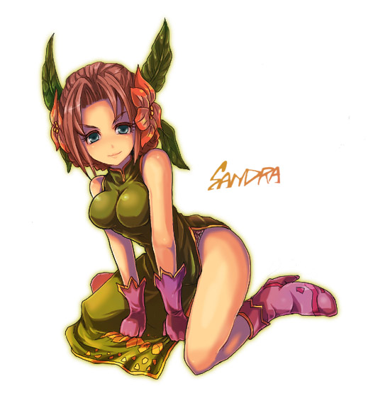 1girl, blue_eyes, breasts, brown_hair, china_dress, chinese_clothes, dress, female_focus, flower, gloves, hair_flower, hair_ornament, kara_(color), kneeling, large_breasts, legend_of_mana, sandra_(lom), seiken_densetsu, side_slit, solo