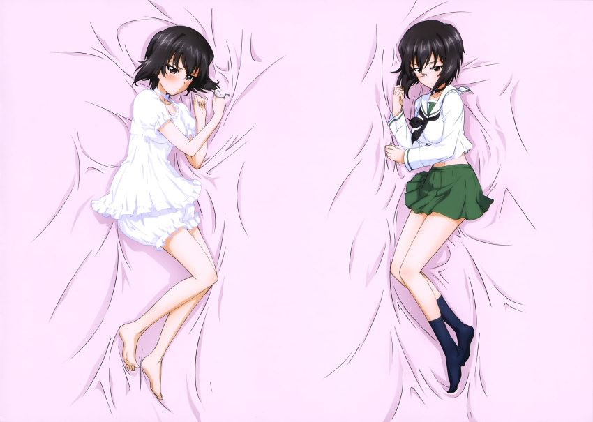 10s, 1girl, absurdres, artist_request, barefoot, bed_sheet, black_hair, bloomers