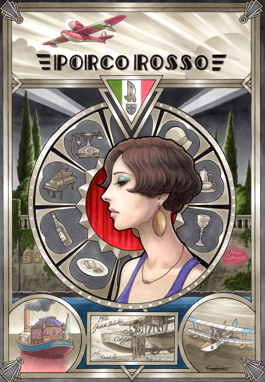 1912, 1919, 1girl, 4boys, aircraft, airplane, artist_name, biplane, bottle, brown_hair, copyright_name, cup, drinking_glass, earrings, eyeshadow, fine_art_parody, food, gina_(kurenai_no_buta), half-closed_eyes, hat, highres, instrument, jewelry, kurenai_no_buta, lipstick, makeup, multiple_boys, necklace, overgrown, parody, phone, piano, pink_lips, plate, profile, savoia_s.21, ship, short_hair, signature, studio_ghibli, takumi_(marlboro), teacup, teapot, tree, watercraft, wine_bottle, wine_glass