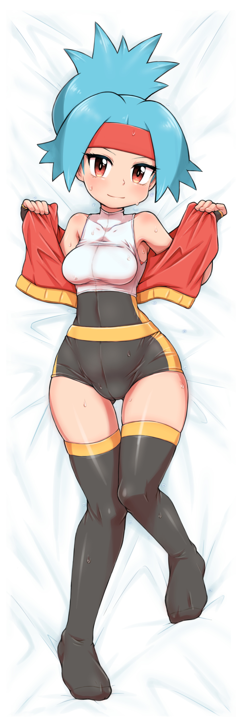 00s, 1girl, absurdres, bare_shoulders, bed_sheet, blue_hair, blush, breasts