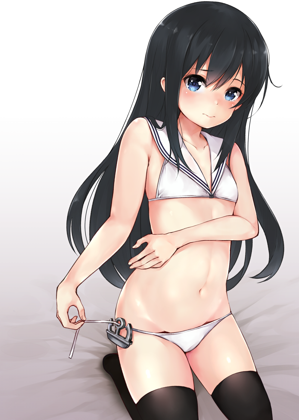 10s, 1girl, asashio_(kancolle), bad_anatomy, bikini, black_hair, black_thighhighs, blue_eyes