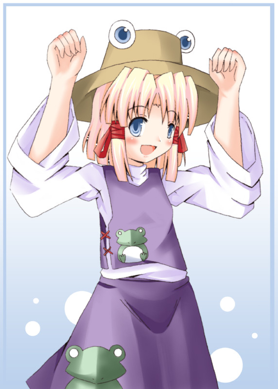 1girl, :d, blonde_hair, blue_eyes, brown_hat, cowboy_shot, dress, extra_eyes