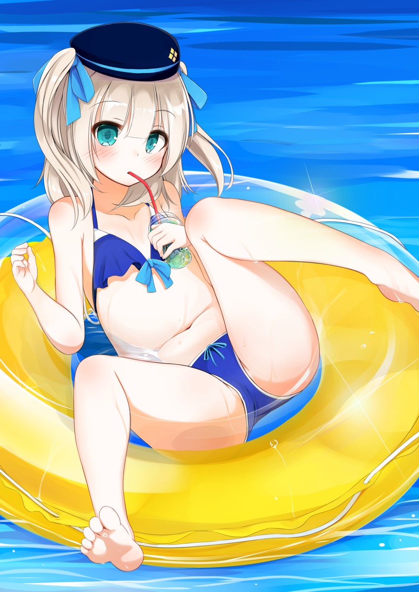 1girl, absurdres, afloat, bare_legs, barefoot, bikini, blue_bikini, blue_eyes