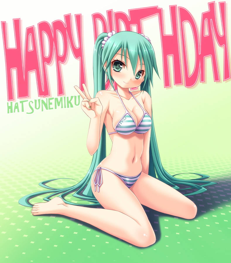 1girl, bikini, character_name, female_focus, full_body, happy_birthday, hatsune_miku, long_hair
