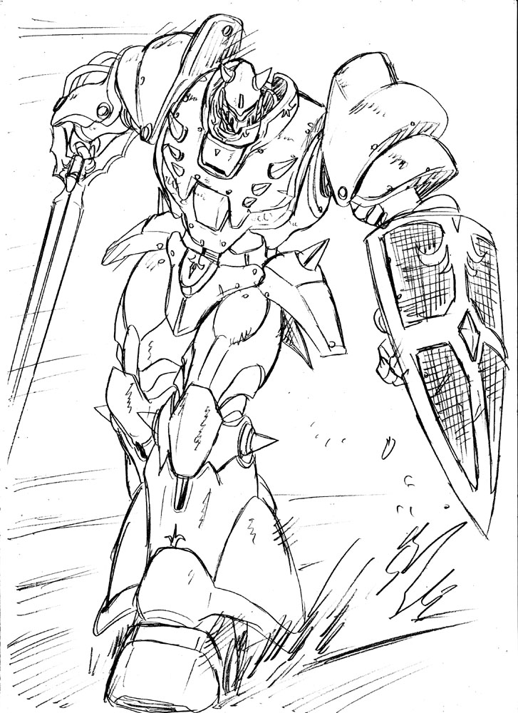 1980s_(style), full_body, kikou-kai_galient, mecha, monochrome, no_humans, oldschool, retro_artstyle