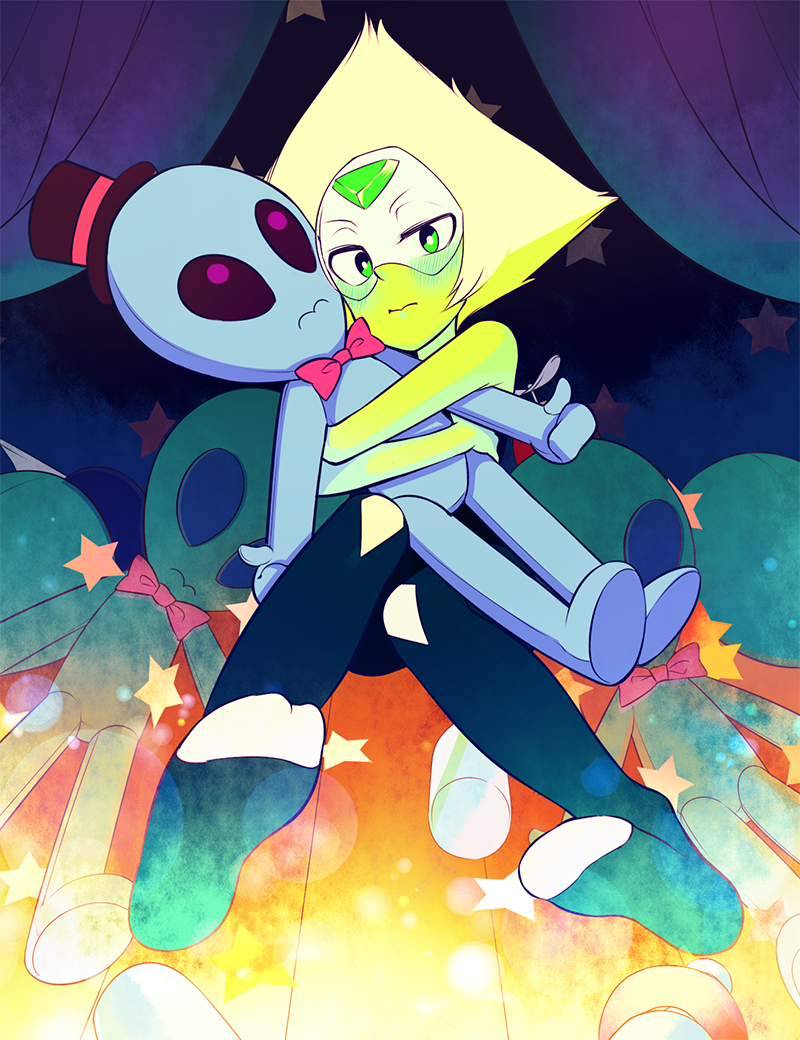 1girl, :>, alien, blush, bow, bowtie, colored_skin, curtains, female_focus, forehead_jewel, green_eyes, green_hair, green_skin, hat, hug, looking_at_viewer, masato_hiro, matching_hair/eyes, peridot_(steven_universe), solo, star_(symbol), steven_universe, stuffed_toy, top_hat, visor