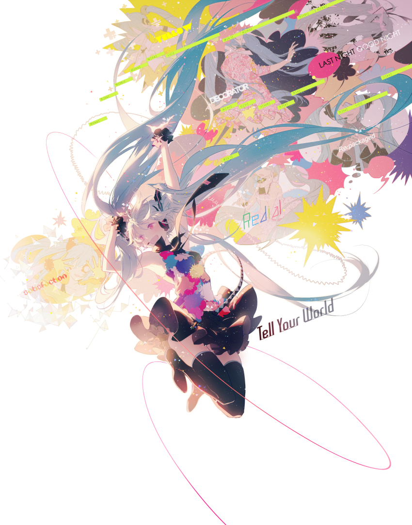 1girl, arms_up, black_boots, black_thighhighs, boots, copyright_name, creator_connection, female_focus, floating_hair, hatsune_miku, hatsune_miku_(de:monstar), hatsune_miku_(orange_blossom), hatsune_miku_(yellow), headset, highres, last_night_good_night_(vocaloid), long_hair, necktie, open_mouth, pink_eyes, redial_(vocaloid), rella, skirt, solo, tell_your_world_(vocaloid), thigh_boots, thighhighs, twintails, very_long_hair, vocaloid, white_background, yellow_(vocaloid)