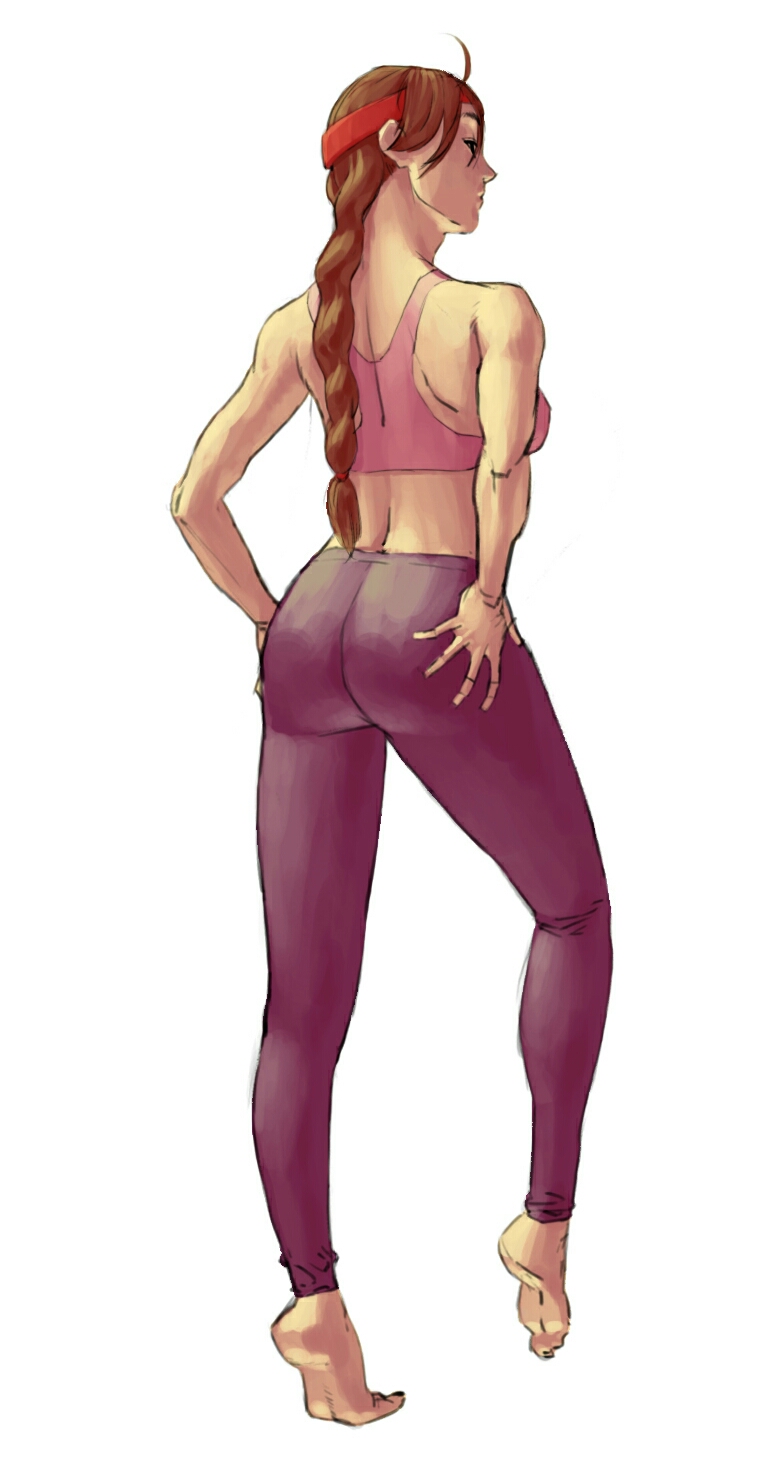 1girl, ahoge, ass, bad_id, bad_pixiv_id, barefoot, bra, braid, braided_ponytail, brown_hair, female_focus, from_behind, full_body, hands_on_own_hips, headband, highres, kaiyodo, leggings, long_hair, pink_bra, ryuuko_no_ken, single_braid, solo, spandex, sports_bra, the_king_of_fighters, underwear, yuri_sakazaki