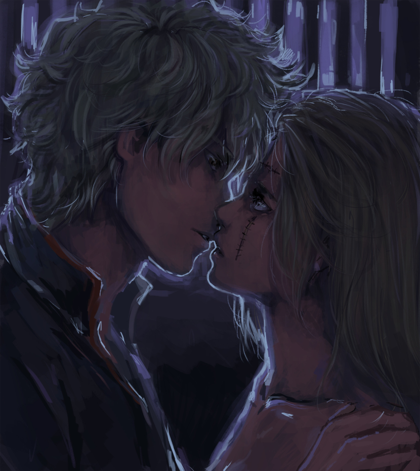 1boy, 1girl, backlighting, bad_id, bad_pixiv_id, blonde_hair, collarbone, from_side