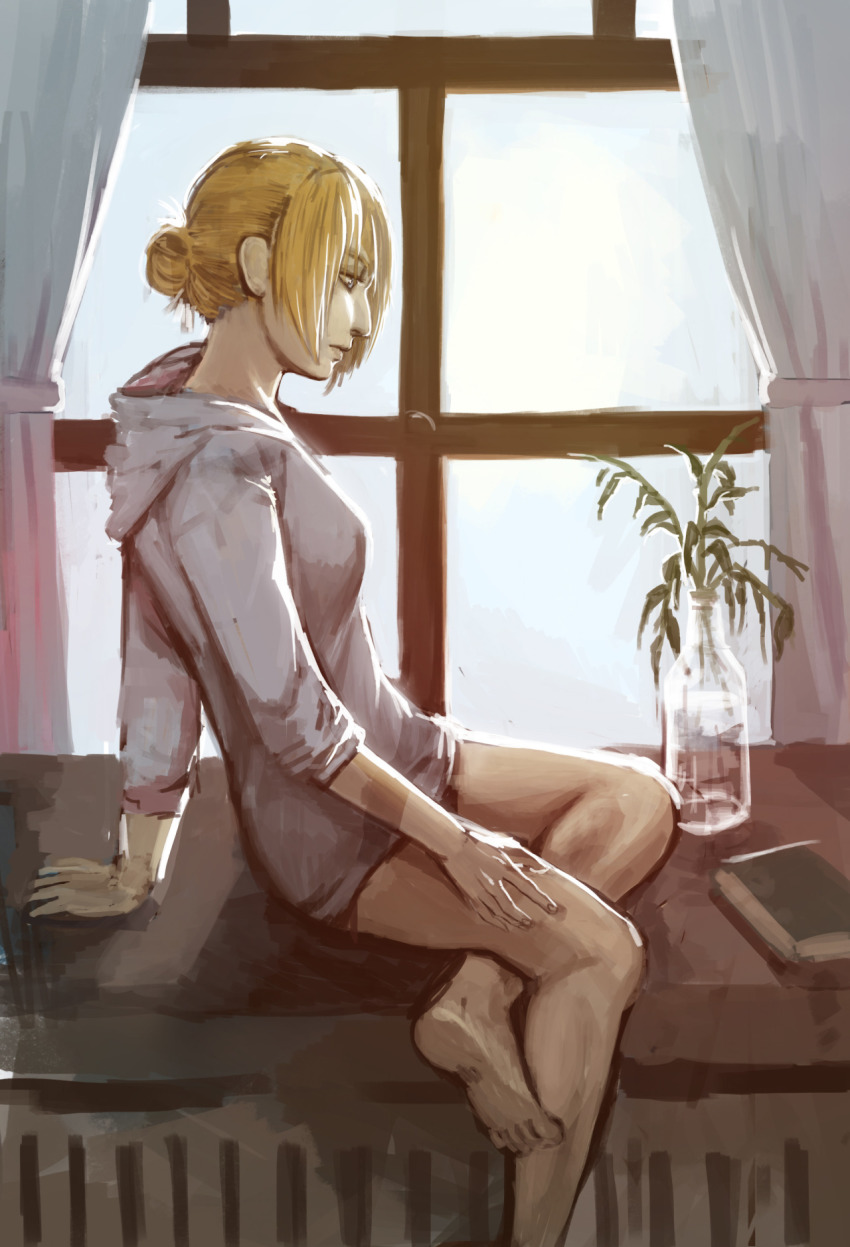 1girl, annie_leonhart, aquiline_nose, backlighting, bad_id, bad_tumblr_id, barefoot, blonde_hair, book, bottle, curtains, female_focus, from_side, hair_bun, highres, indoors, medeakn, nose, plant, profile, shingeki_no_kyojin, single_hair_bun, sitting, solo, sweater, window
