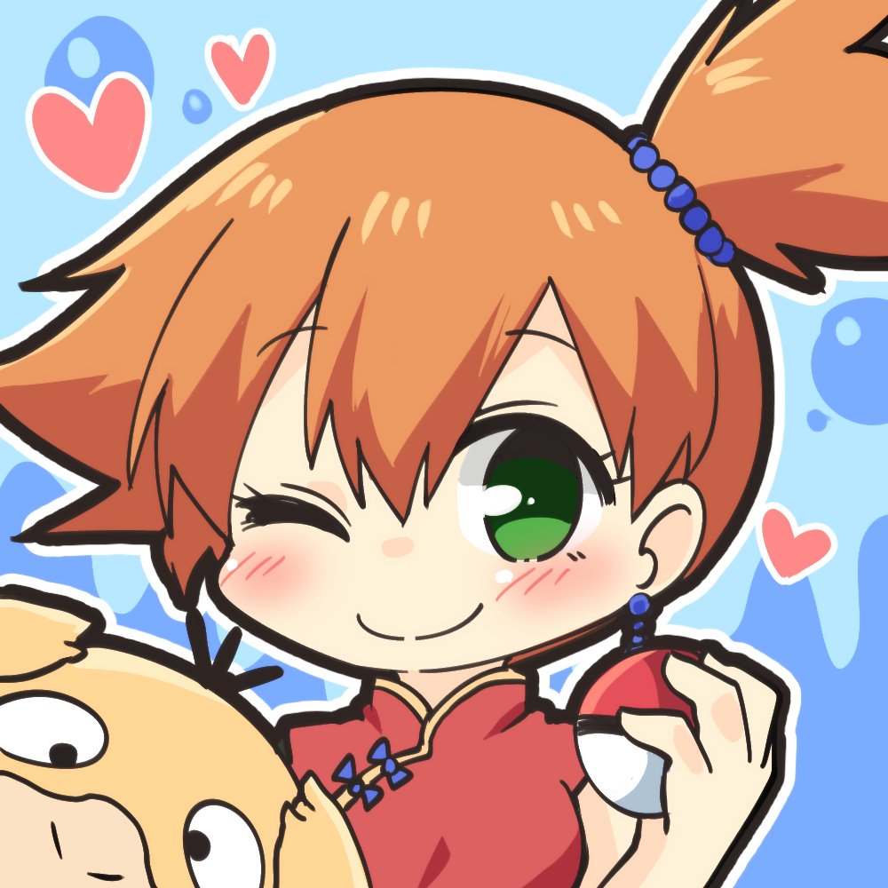 1girl, bad_id, bad_twitter_id, chinese_clothes, cross-eyed, earrings, gen_1_pokemon, green_eyes