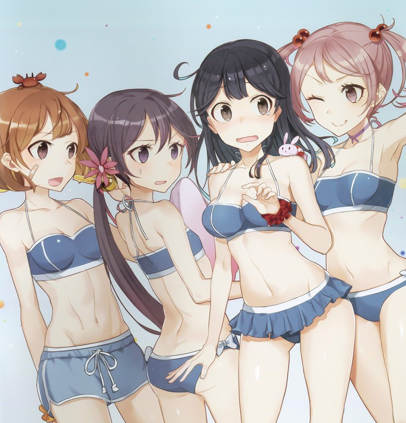 10s, 4girls, :q, ahoge, akebono_(kancolle), akebono_(pm_swimsuit)_(kancolle), animal, animal_on_shoulder, armpits, ass, bandaid, bandaid_on_face, bare_arms, bare_shoulders, bell, bikini, bikini_shorts, black_hair, blue_background, blue_bikini, blush, bow, breasts, brown_eyes, brown_hair, cleavage, closed_mouth, collarbone, cowboy_shot, crab, crab_on_head, drew_(drew213g), eyebrows, fang, flat_chest, flower, from_side, gradient_background, gradient_hair, hair_bell, hair_bobbles, hair_flower, hair_ornament, hand_on_another's_shoulder, jingle_bell, kantai_collection, long_hair, looking_at_another, medium_breasts, multicolored_hair, multiple_girls, navel, oboro_(kancolle), oboro_(pm_swimsuit)_(kancolle), official_art, one_eye_closed, open_mouth, pink_eyes, pink_hair, ponytail, purple_eyes, purple_hair, rabbit, sazanami_(kancolle), sazanami_(pm_swimsuit)_(kancolle), scrunchie, short_hair, shorts, sidelocks, small_breasts, smile, standing, stomach, sweatdrop, swimsuit, tears, tongue, tongue_out, twintails, ushio_(kancolle), ushio_(pm_swimsuit)_(kancolle), white_bow, wrist_scrunchie