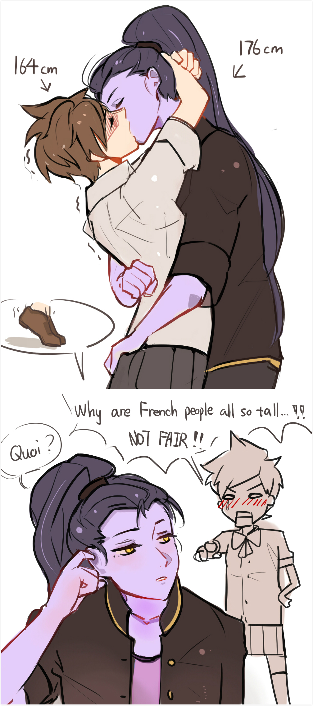 2girls, arms_around_neck, bjmaki, blush, bow, bowtie, brown_hair, colored_skin, english_text, closed_eyes, french_text, hair_ornament, hair_tie, hand_on_own_hip, hands_on_another's_back, hands_on_another's_neck, height_conscious, height_difference, high_ponytail, highres, hug, jealous, kiss, long_hair, multiple_girls, open_mouth, overwatch, overwatch_1, pointing, ponytail, purple_hair, purple_skin, school_uniform, scratching, shirt, short_hair, spiked_hair, teardrop, tiptoes, tracer_(overwatch), widowmaker_(overwatch), yellow_eyes, yuri