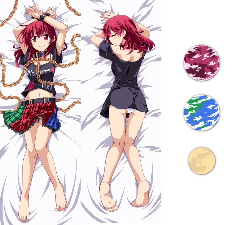 1girl, arms_up, ass, bare_legs, bare_shoulders, barefoot, bed_sheet, belt, belt_buckle, blush, buckle, chain, closed_eyes, clothes_writing, collarbone, collat, dakimakura_(medium), earth_(ornament), english_text, feet, from_above, full_body, gold_chain, heart, hecatia_lapislazuli, hemogurobin_a1c, kneepits, looking_at_viewer, looking_up, lying, miniskirt, moon_(ornament), multicolored_skirt, multiple_views, nail_polish, navel, missing_headwear, no_pants, off-shoulder_shirt, off_shoulder, panties, pantyshot, plaid_clothes, plaid_skirt, planet, red_eyes, red_hair, shirt, short_sleeves, skirt, soles, stomach, t-shirt, tareme, thigh_gap, toenail_polish, toenails, toes, touhou, underwear, upskirt, white_panties, wrist_cuffs