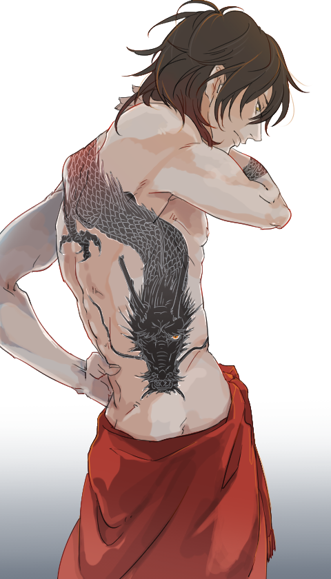10s, 1boy, bad_id, bad_pixiv_id, brown_hair, butt_crack, dragon, dragon_tattoo