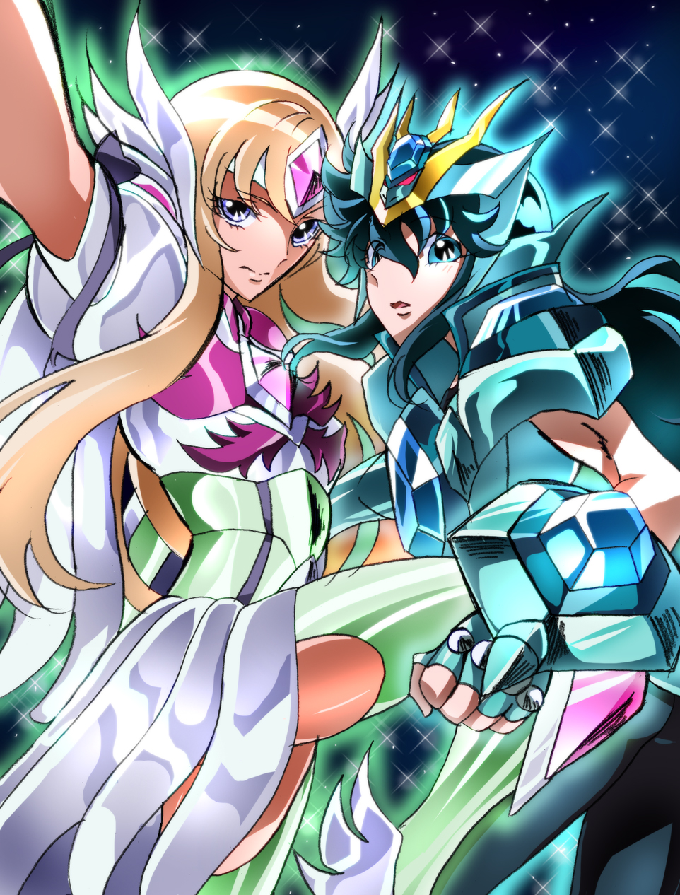 10s, 1boy, 1girl, aquila_yuna, armor, black_hair, blonde_hair, blue_eyes