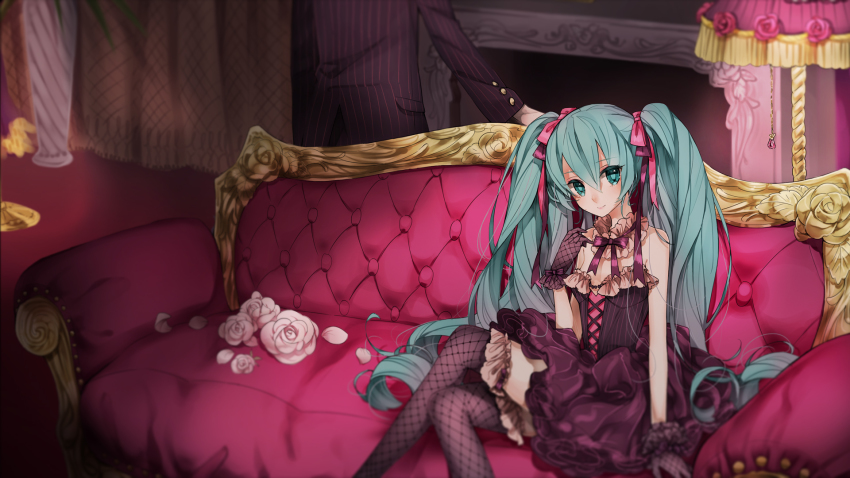 1girl, aqua_eyes, aqua_hair, bad_id, bad_pixiv_id, commentary_request, couch, cross-laced_clothes
