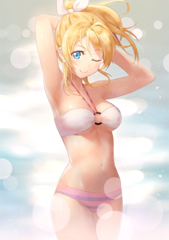 >;), 10s, 1girl, armpits, arms_behind_head, arms_up, ayase_eli, bandeau