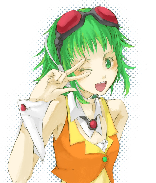 1girl, female_focus, goggles, green_eyes, green_hair, gumi, looking_at_viewer, matching_hair/eyes