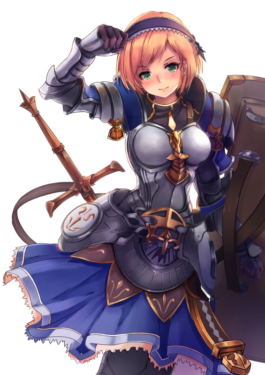 10s, 1girl, absurdres, alternate_eye_color, armor, armored_dress, black_pantyhose, blonde_hair, blue_dress, blush, closed_mouth, djeeta_(granblue_fantasy), dress, female_focus, fortress_(granblue_fantasy), gauntlets, gloves, granblue_fantasy, green_eyes, hamidashi-kun, highres, looking_at_viewer, pantyhose, purple_gloves, sheath, shield, short_hair, simple_background, smile, solo, sword, weapon, white_background