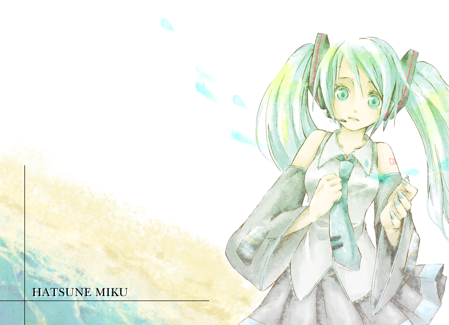 1girl, aqua_eyes, aqua_hair, character_name, female_focus, hatsune_miku, headset, looking_at_viewer