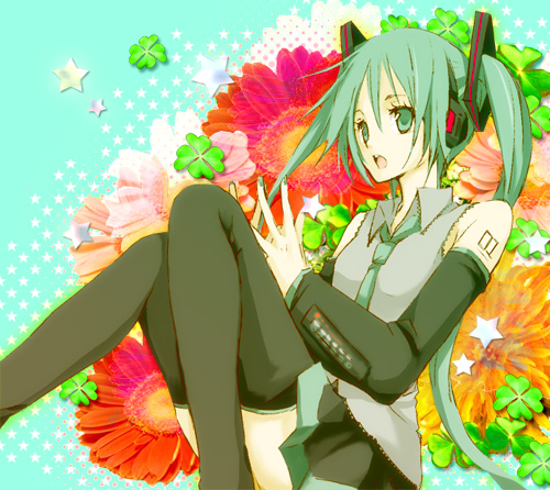 1girl, aqua_eyes, aqua_hair, female_focus, flower, hatsune_miku, headphones, long_hair
