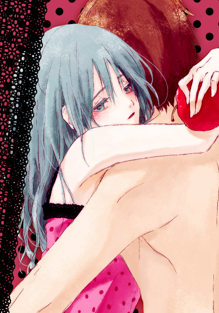 1boy, 1girl, apple, aqua_eyes, aqua_hair, armpits, arms_around_another's_back, arms_around_neck