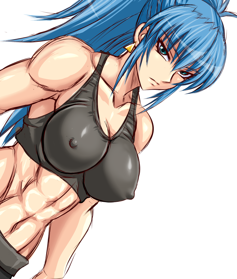 1girl, abs, blue_eyes, blue_hair, breasts, covered_erect_nipples, dutch_angle, earrings