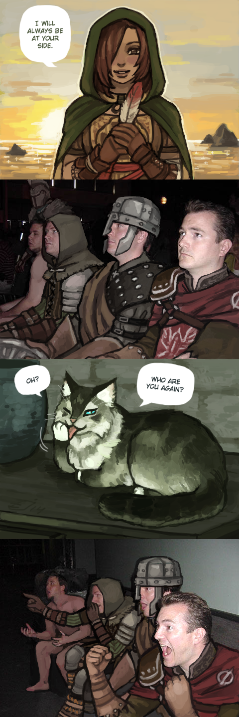 2girls, 4girls, armor, blush, brown_eyes, brown_hair, cat, dark_souls_(series), dark_souls_i, dark_souls_ii, emerald_herald, emlan, feathers, fromsoftware, gaijin_4koma_(meme), helmet, highres, hood, looking_at_viewer, meme, multiple_girls, sweet_shalquoir