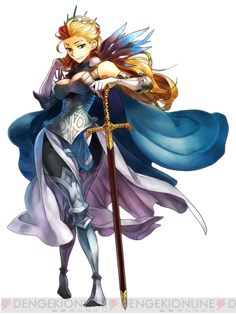 1girl, adjusting_hair, arm_behind_head, armor, blonde_hair, blue_eyes, breasts, cape, earrings, elbow_gloves, feathers, female_focus, gladius_ringland, gloves, grand_knights_history, jewelry, large_breasts, crossed_legs, logo, long_hair, lowres, official_art, queen, solo, standing, sword, weapon