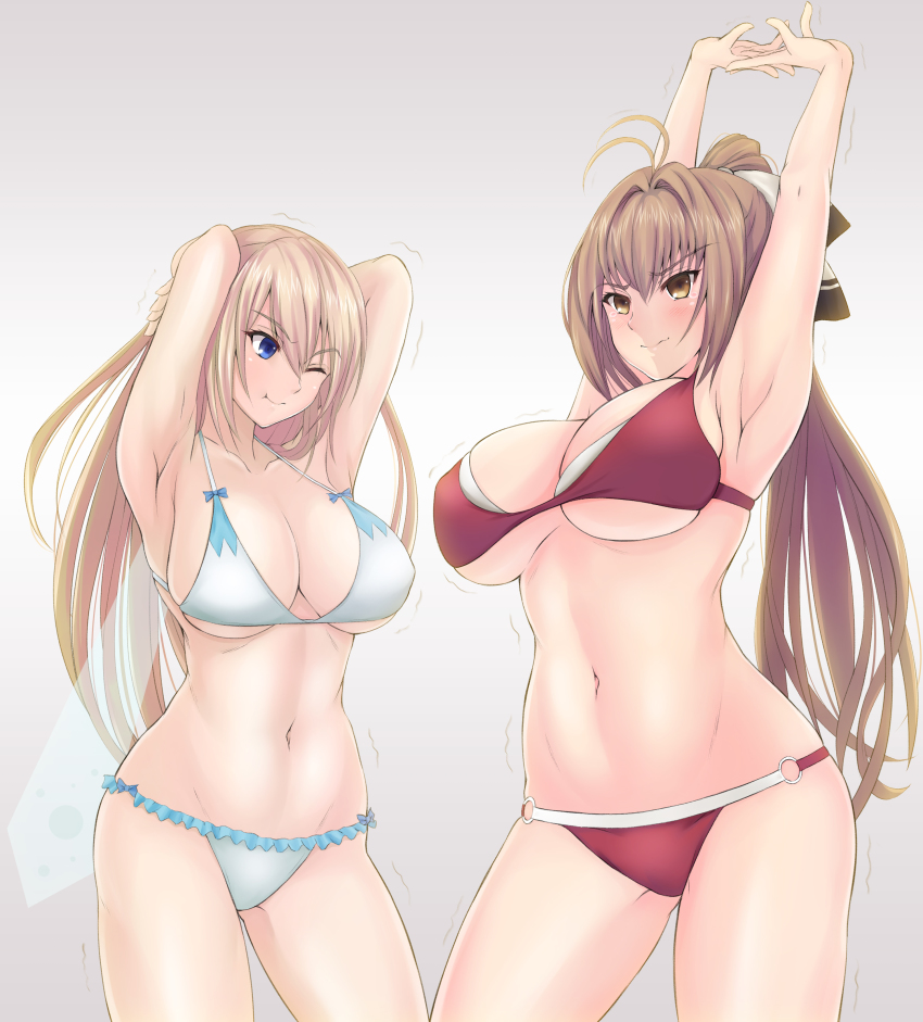 10s, 2girls, ;t, absurdres, amagi_brilliant_park, antenna_hair, armpits, arms_behind_head