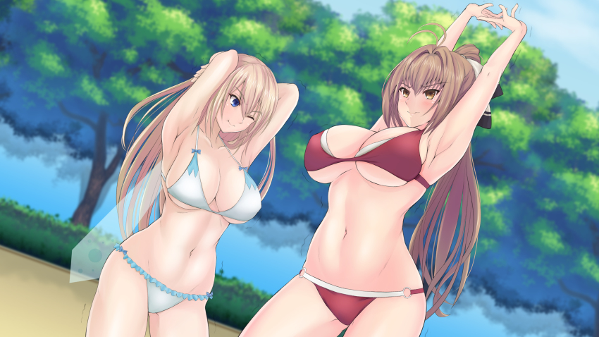 10s, 2girls, ;t, absurdres, amagi_brilliant_park, antenna_hair, armpits, arms_behind_head