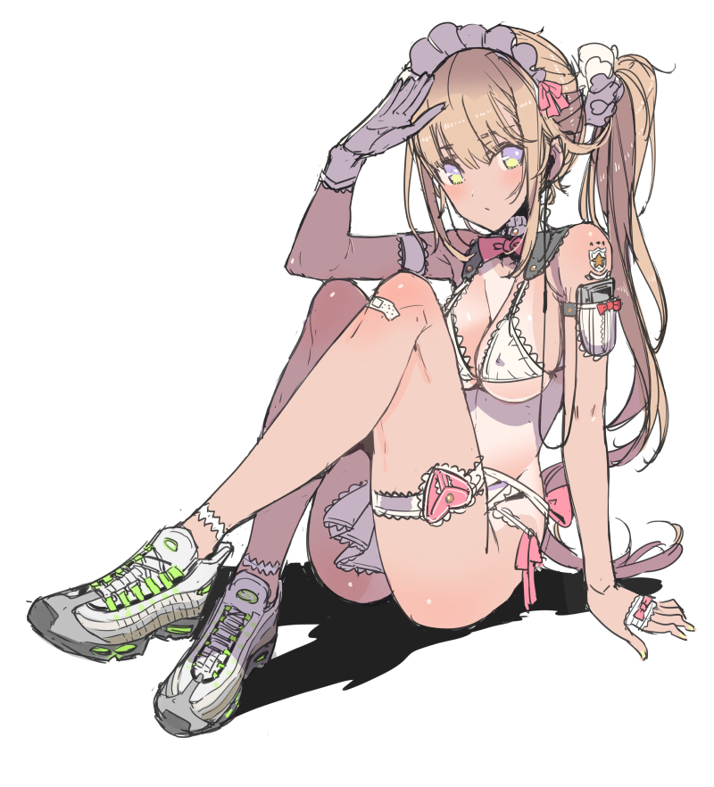1girl, apron, arm_at_side, arm_up, armlet, bandaid, bandaid_on_knee, bandaid_on_leg, bare_legs, bare_shoulders, bikini, blonde_hair, blush, body_blush, bow, bowtie, breasts, cable, cleavage, closed_mouth, covered_erect_nipples, mp3_player, earrings, female_focus, frills, full_body, gloves, green_eyes, grey_shoes, hair_ornament, hair_scrunchie, hairband, heart, jewelry, long_hair, looking_at_viewer, medium_breasts, multicolored_eyes, nike_(company), nike_air_max_95, no_socks, original, pink_bow, pink_bowtie, ponytail, purple_eyes, red_bow, salute, scrunchie, shoes, simple_background, single_glove, sitting, sneakers, solo, swimsuit, tajima_ryuushi, tan, tanline, tattoo, thigh_strap, very_long_hair, waist_apron, white_apron, white_background, white_bikini, white_gloves
