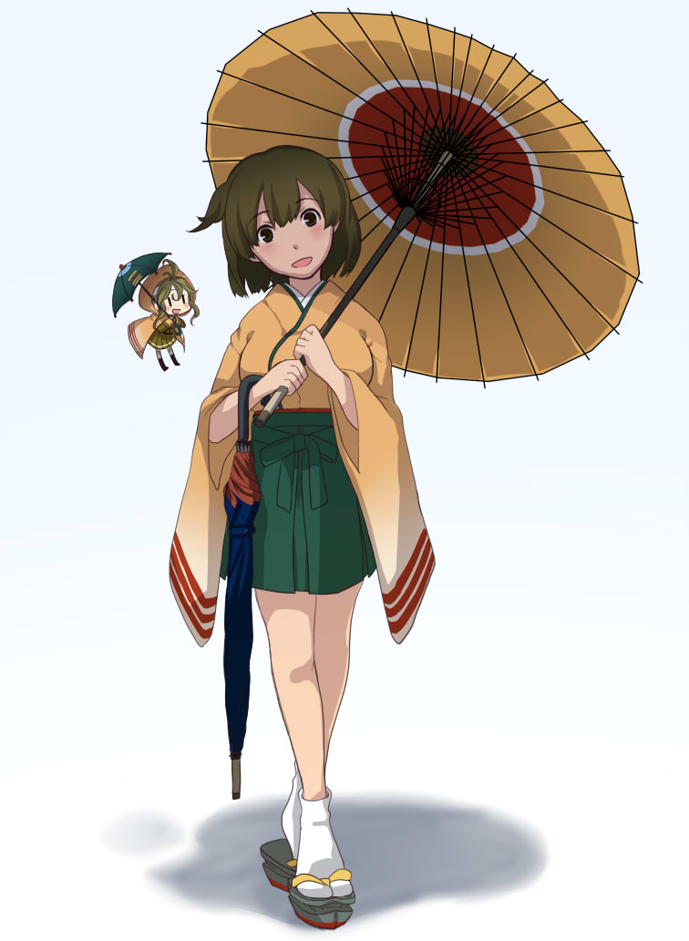 10s, 2girls, breasts, brown_hair, closed_umbrella, full_body, geta, green_hakama, hakama, hakama_short_skirt, hakama_skirt, hiryuu_(kancolle), iwana, japanese_clothes, kantai_collection, kimono, long_sleeves, multiple_girls, oil-paper_umbrella, one_side_up, open_mouth, sandals, short_hair, side_ponytail, skirt, tomonaga_(fairy), tomonaga_squadron_pilot_(kancolle), umbrella, wide_sleeves, yellow_kimono