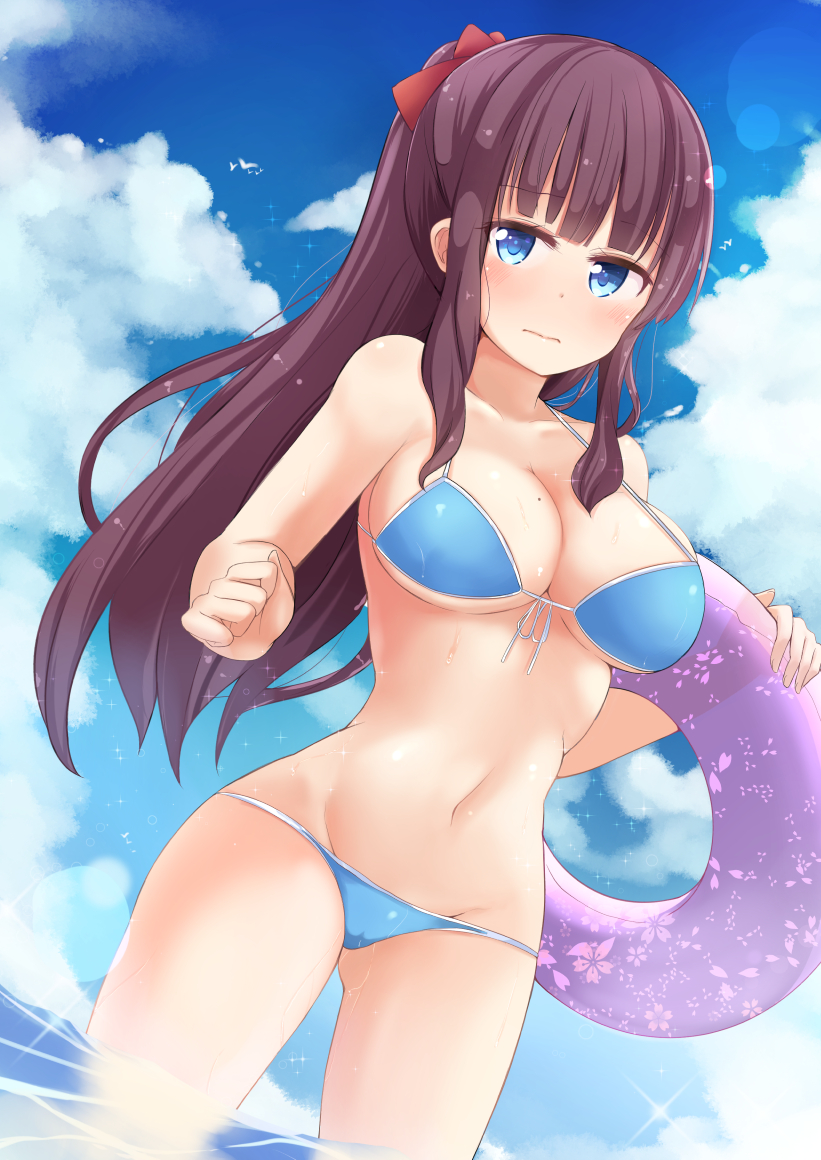 10s, 1girl, 3:, bikini, blue_bikini, blue_eyes, blue_sky, blush