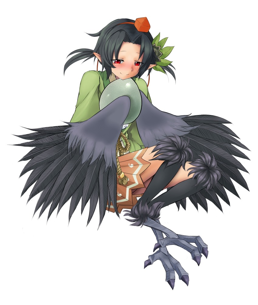 1girl, absurdres, black_hair, black_wings, blush, caleana, crow_tengu, digitigrade