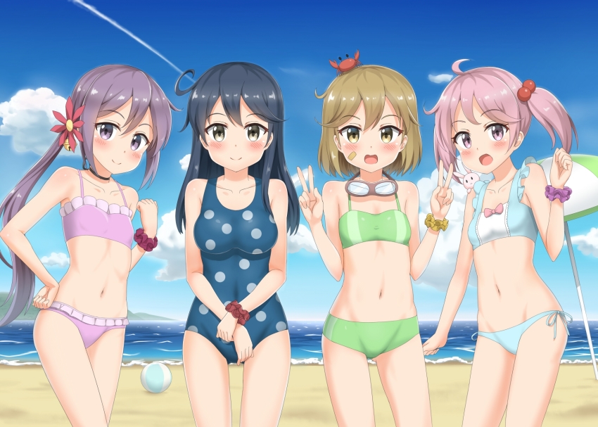 10s, 4girls, akebono_(kancolle), akebono_(swimsuit)_(kancolle), ball, bandaid, bandaid_on_face, beach