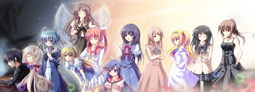 10s, 1boy, 6+girls, ame_wa_a_ga_tsutano?, bent_over, black_dress, black_hair, black_legwear