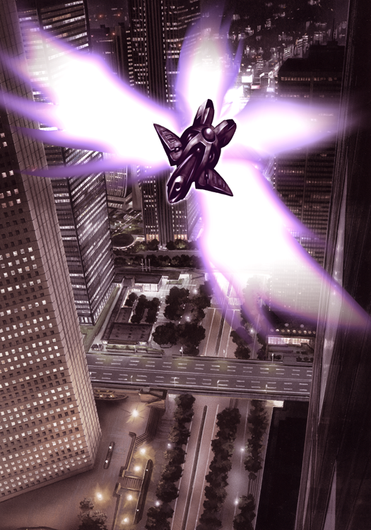 bug, butterfly, cave_(developer), city, doom_(ketsui), hadakamieru, hadakamieru_(pixiv), insect, ketsui, mecha, night, robot, solo, wings