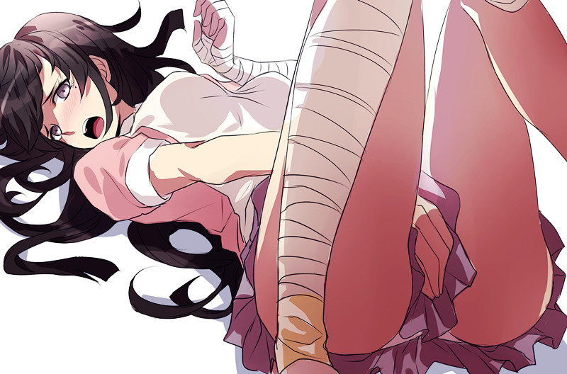10s, 1girl, apron, bandages, black_hair, blush, breasts, covering_crotch, covering_privates, danganronpa_(series), danganronpa_2:_goodbye_despair, female_focus, long_hair, lying, medium_breasts, miniskirt, mole, mole_under_eye, on_back, purple_eyes, rena_(renasight), skirt, solo, tsumiki_mikan