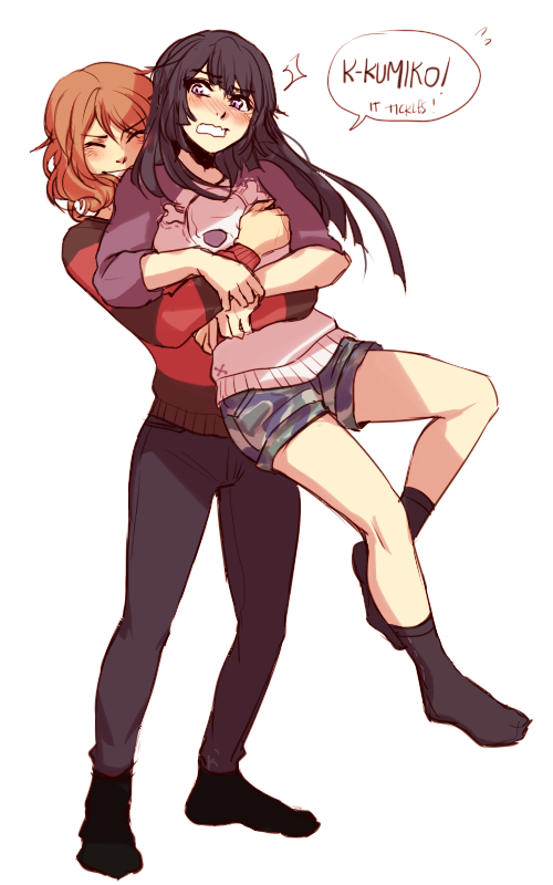 10s, 2girls, black_hair, blush, brown_hair, closed_eyes, english_text, groping, hibike!_euphonium, hug, hug_from_behind, kousaka_reina, lifting_person, multiple_girls, nox_(pepperoni), oumae_kumiko, shorts, skull, yuri