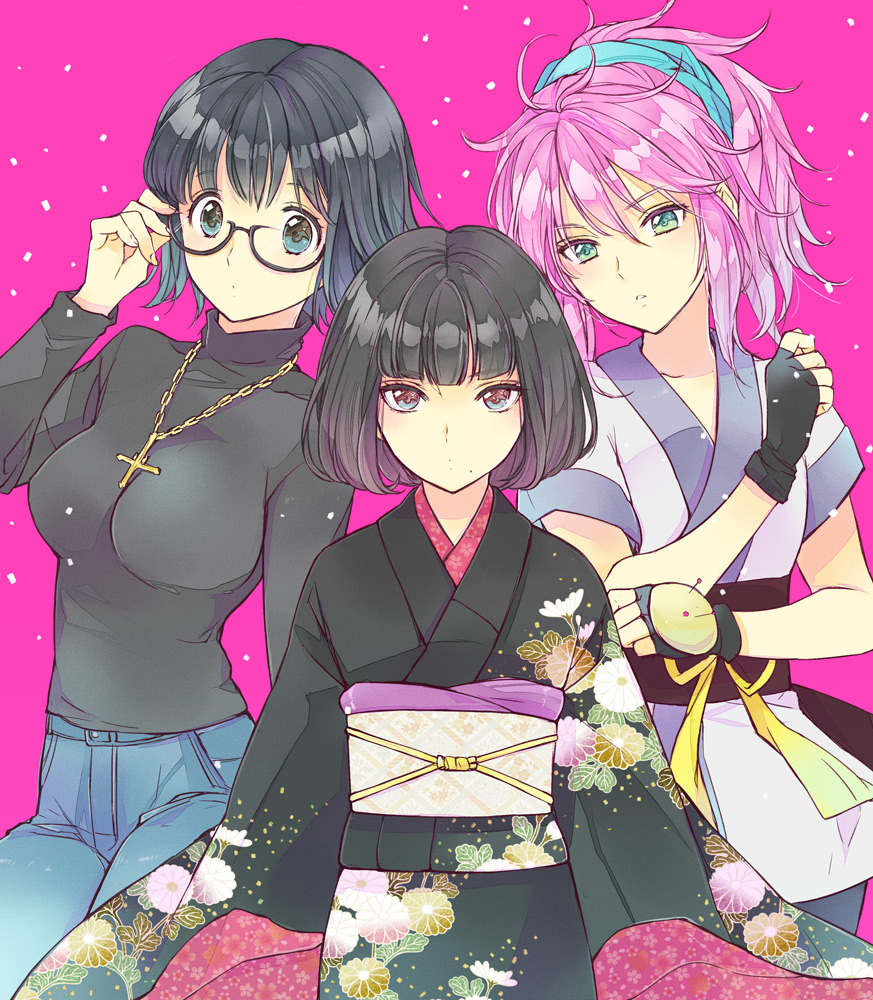 1boy, 2girls, adjusting_eyewear, androgynous, bad_id, bad_pixiv_id, bands, black_hair