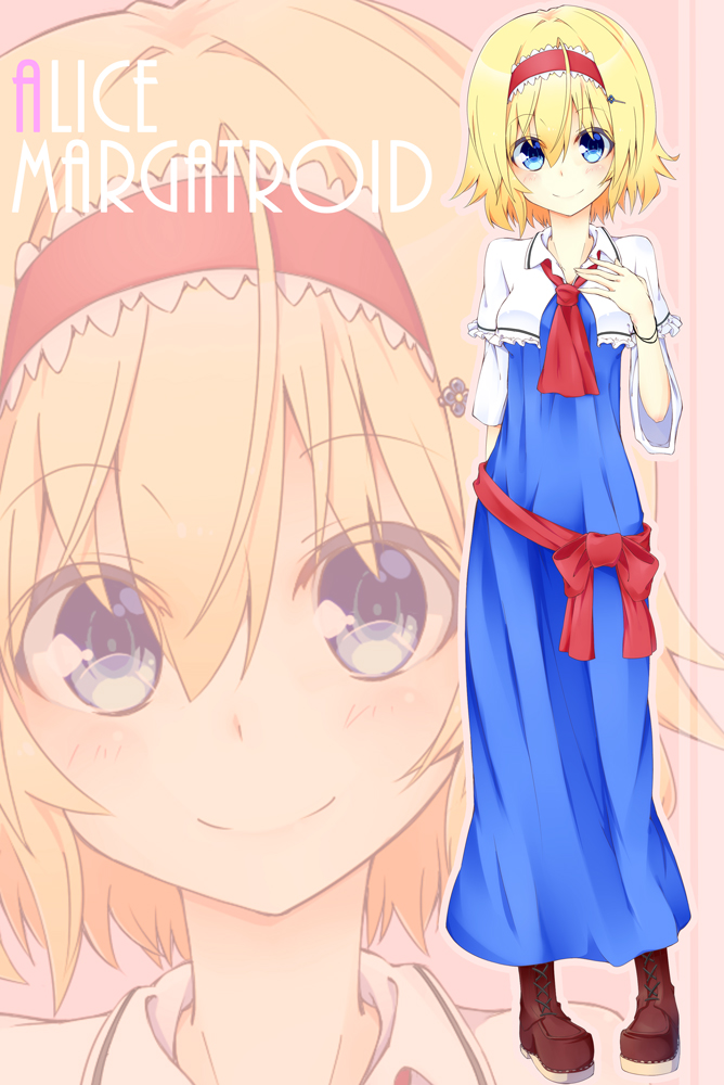 1girl, alice_margatroid, ascot, blonde_hair, blue_eyes, capelet, character_name, closed_mouth