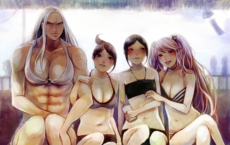 10s, 4girls, abs, arm_grab, asahina_aoi, bad_anatomy, bad_perspective, bad_proportions
